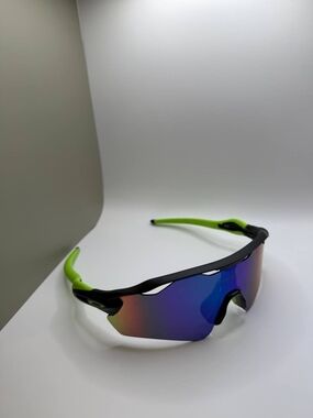 Oakley Black Frame Sunglasses with Green Temples and Blue Mirrored Lens